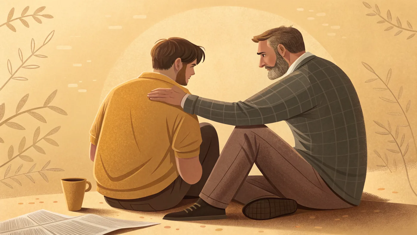 Illustration of a man in therapy for men's mental health, representing stigma and getting help.
