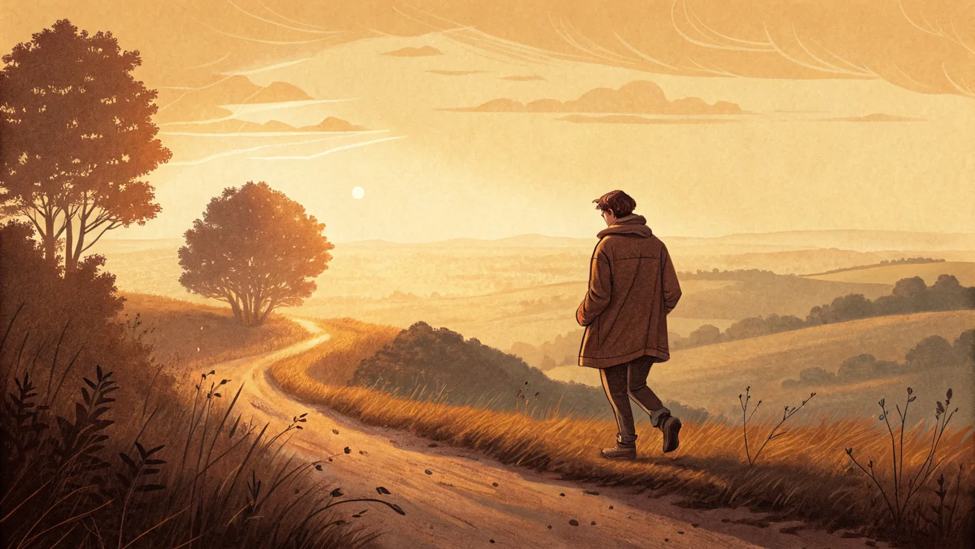 Illustration of a person reflecting during a midlife transition, pausing on a path between past and future