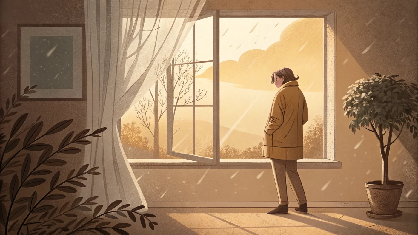 Illustration representing mood disorders, a person at a window as the emotional weather shifts
