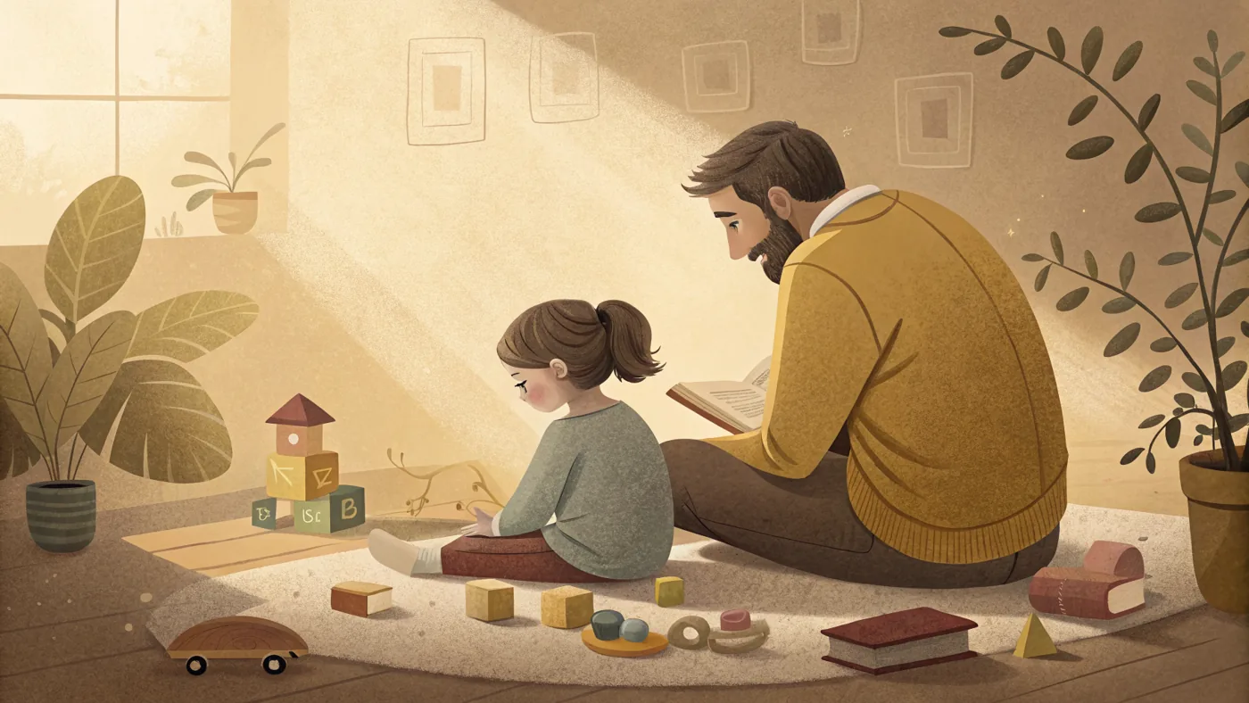 Illustration of a parent patiently connecting with their child, representing parenting support