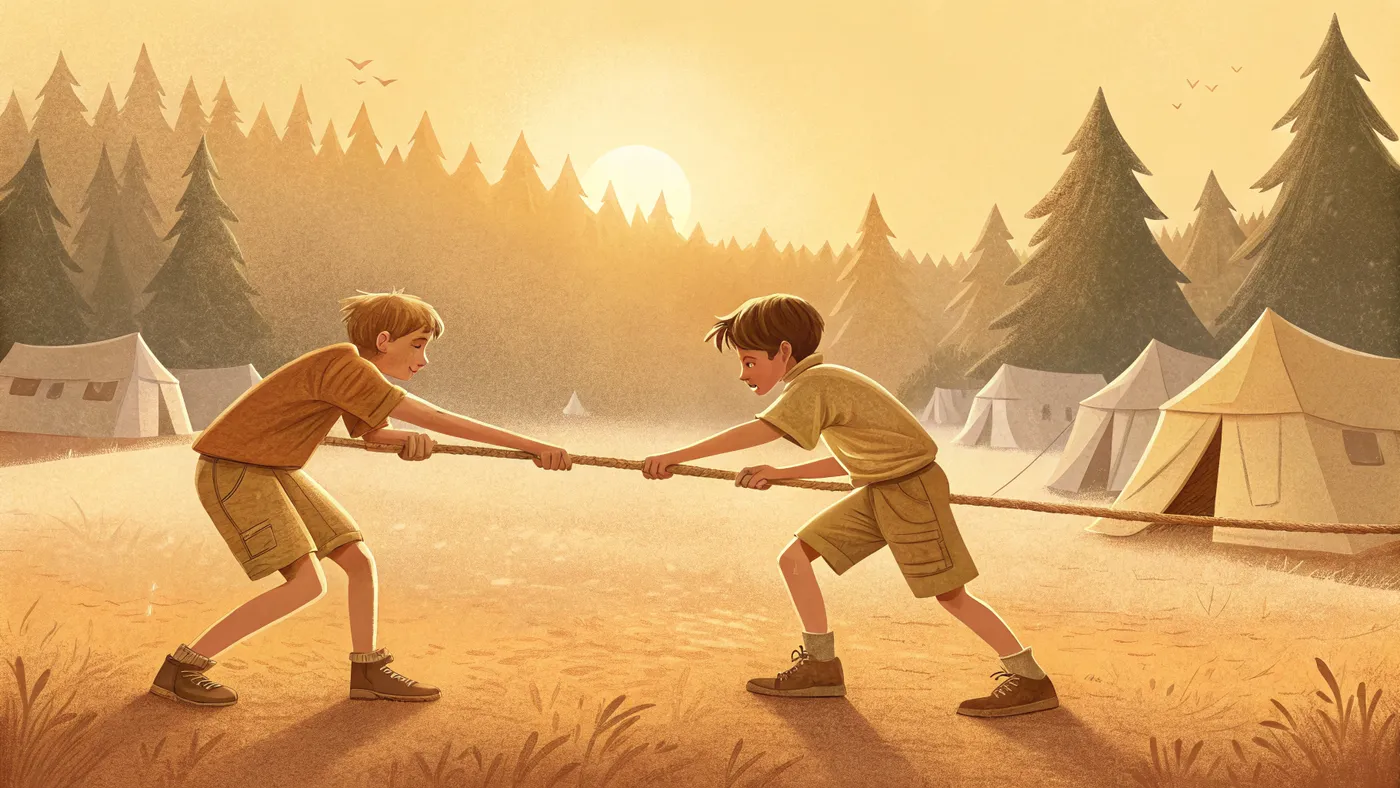 Illustration of two groups at a camp, depicting the Robbers Cave experiment