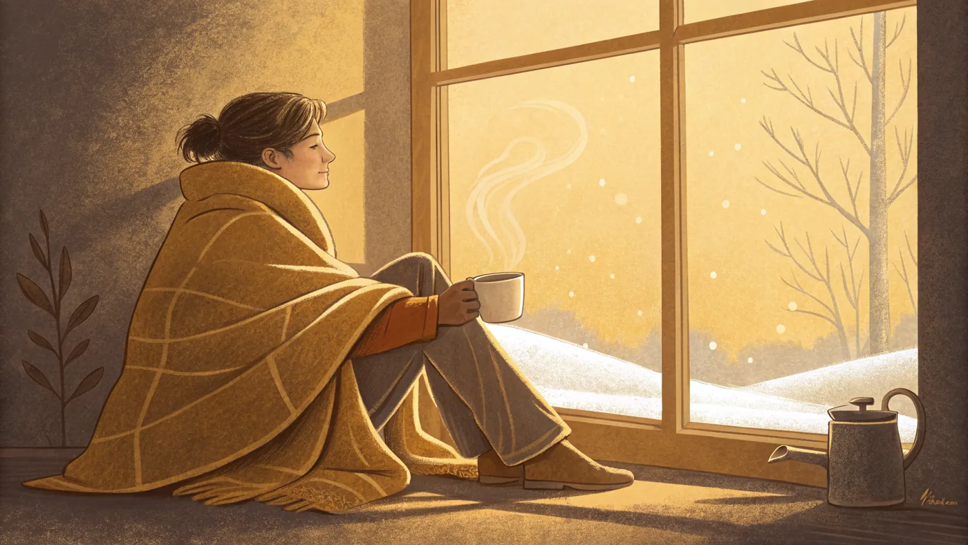 Illustration of a person finding relief from seasonal affective disorder beside bright winter morning light.