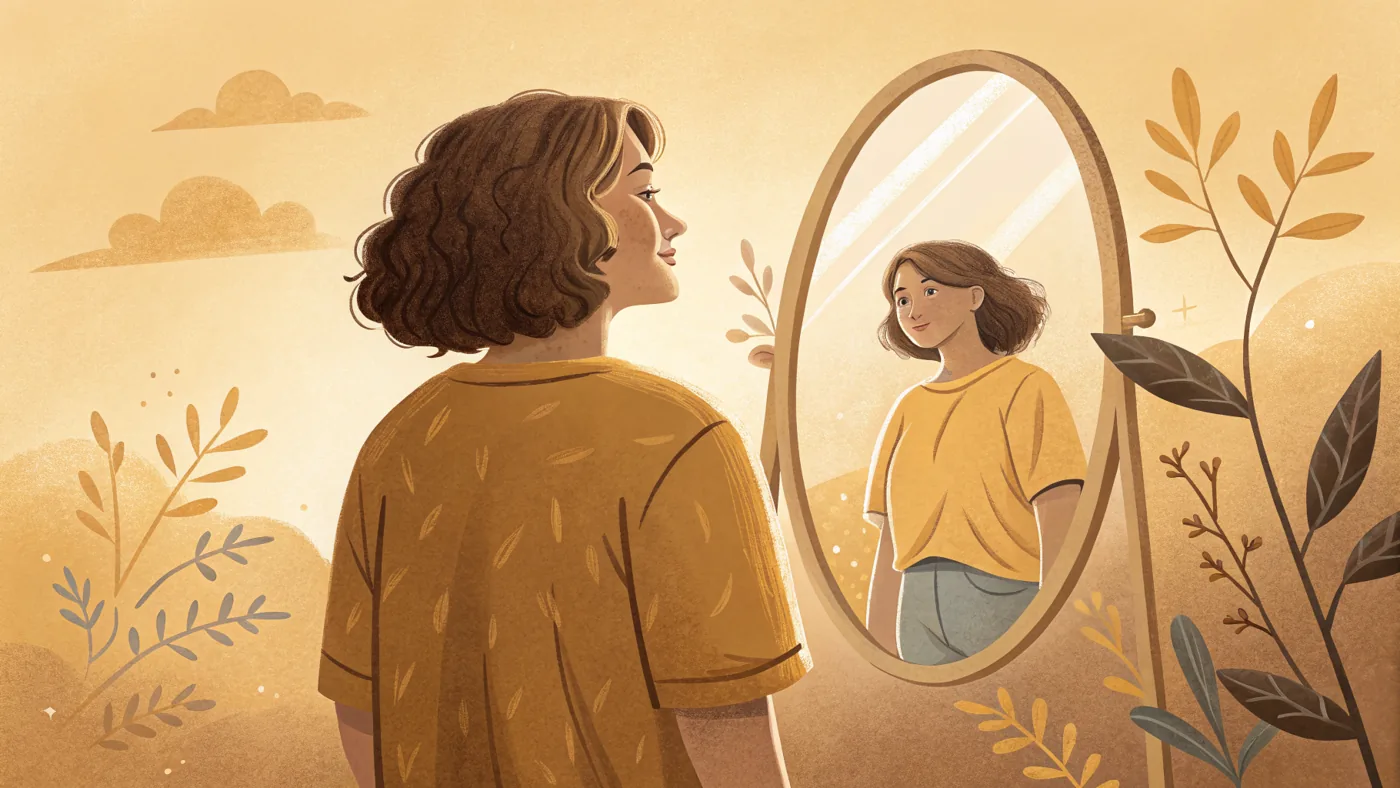 Illustration of a person building healthier self-esteem and self-compassion in a calm, hopeful moment.