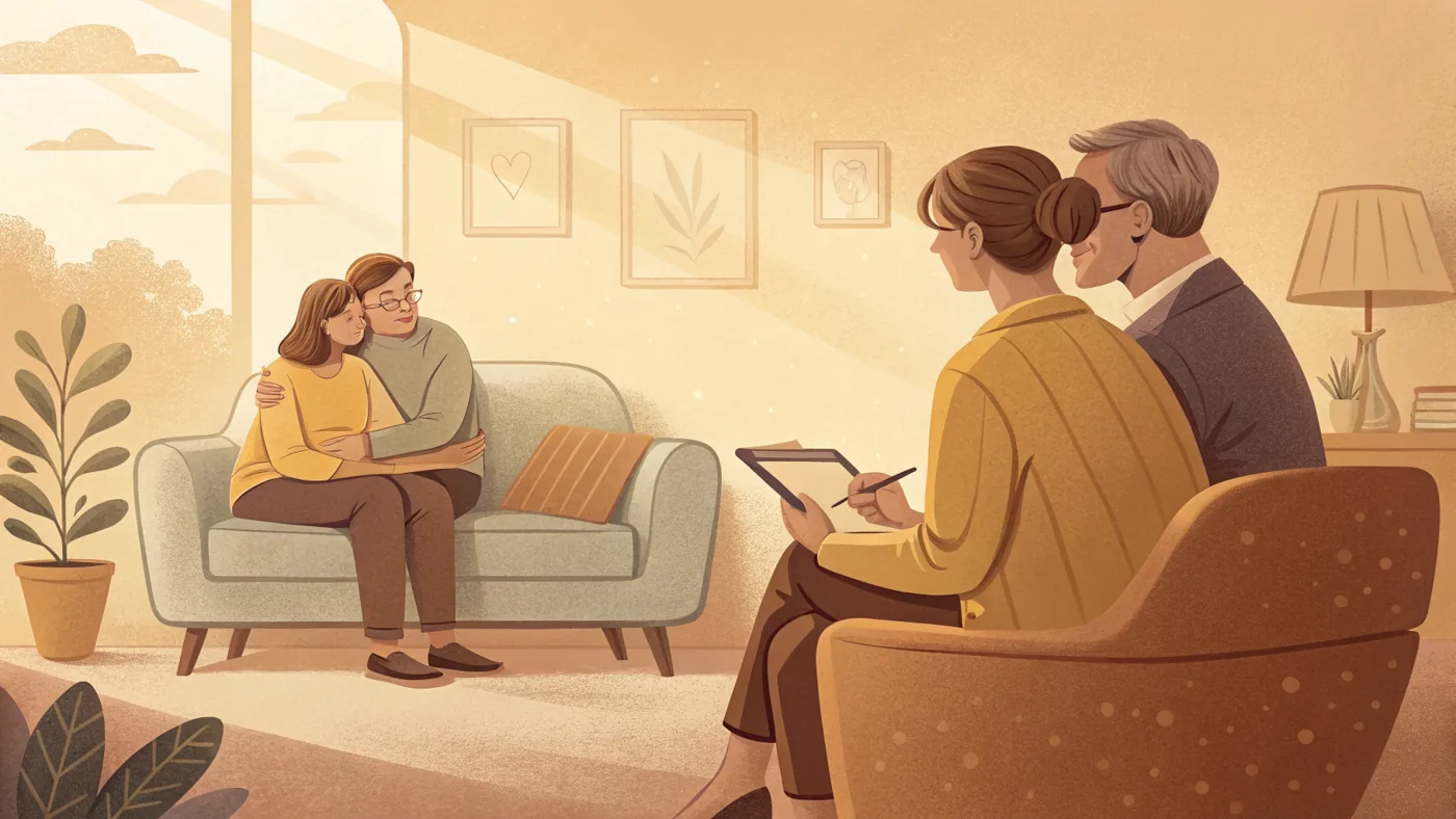 Illustration of a couple talking with a sex therapist in a calm, private counseling office