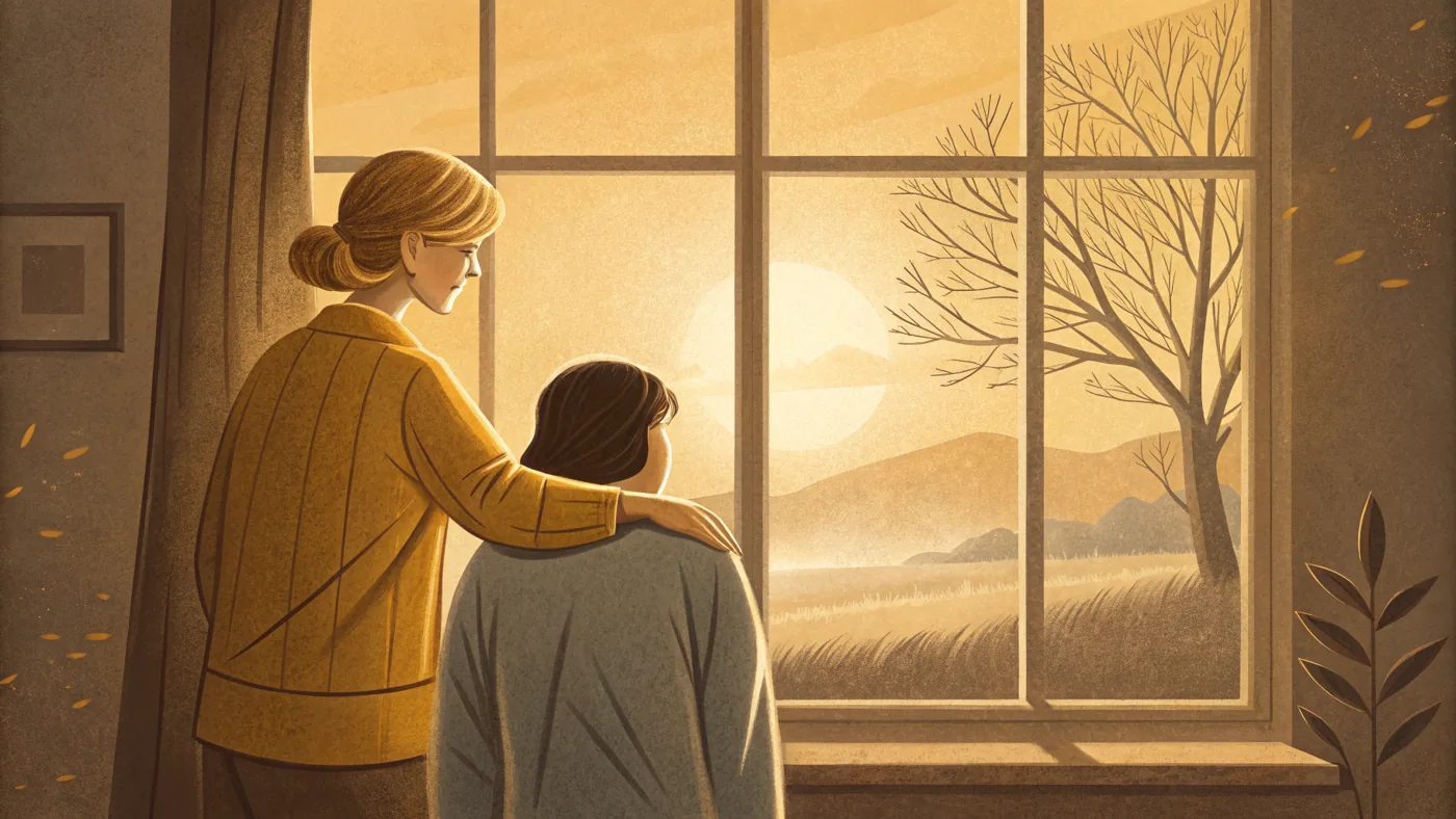 Illustration of a sexual abuse survivor finding support and hope in soft dawn light