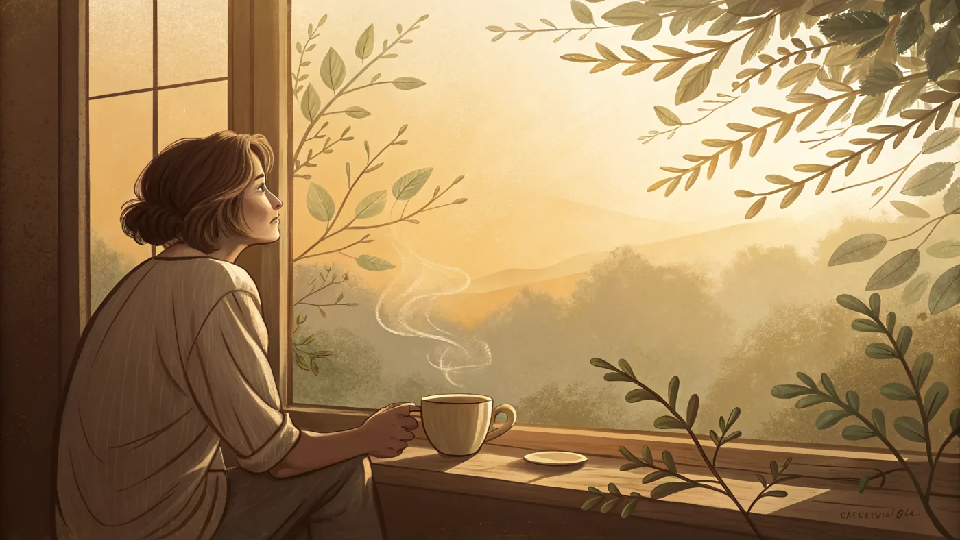 Illustration of a person managing stress by pausing for a calm, restorative moment in warm light