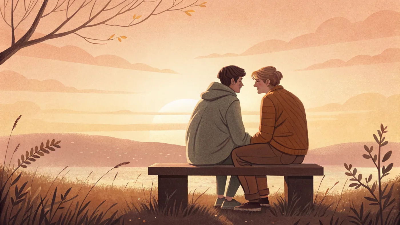 Illustration of one person compassionately supporting another at dawn, conveying hope and suicide prevention