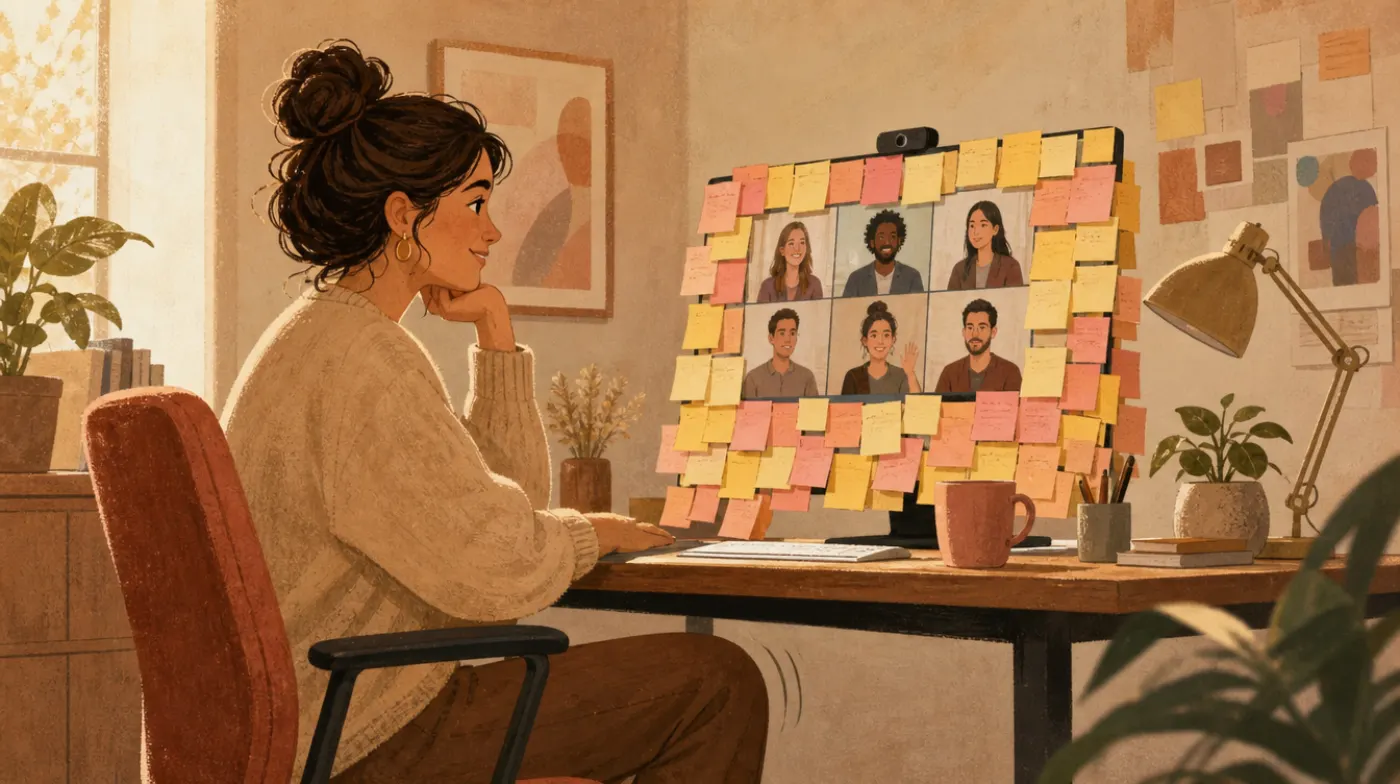 ADHD Test for Women: a woman smiles calmly on a work call while her knee bounces and sticky notes cover her monitor
