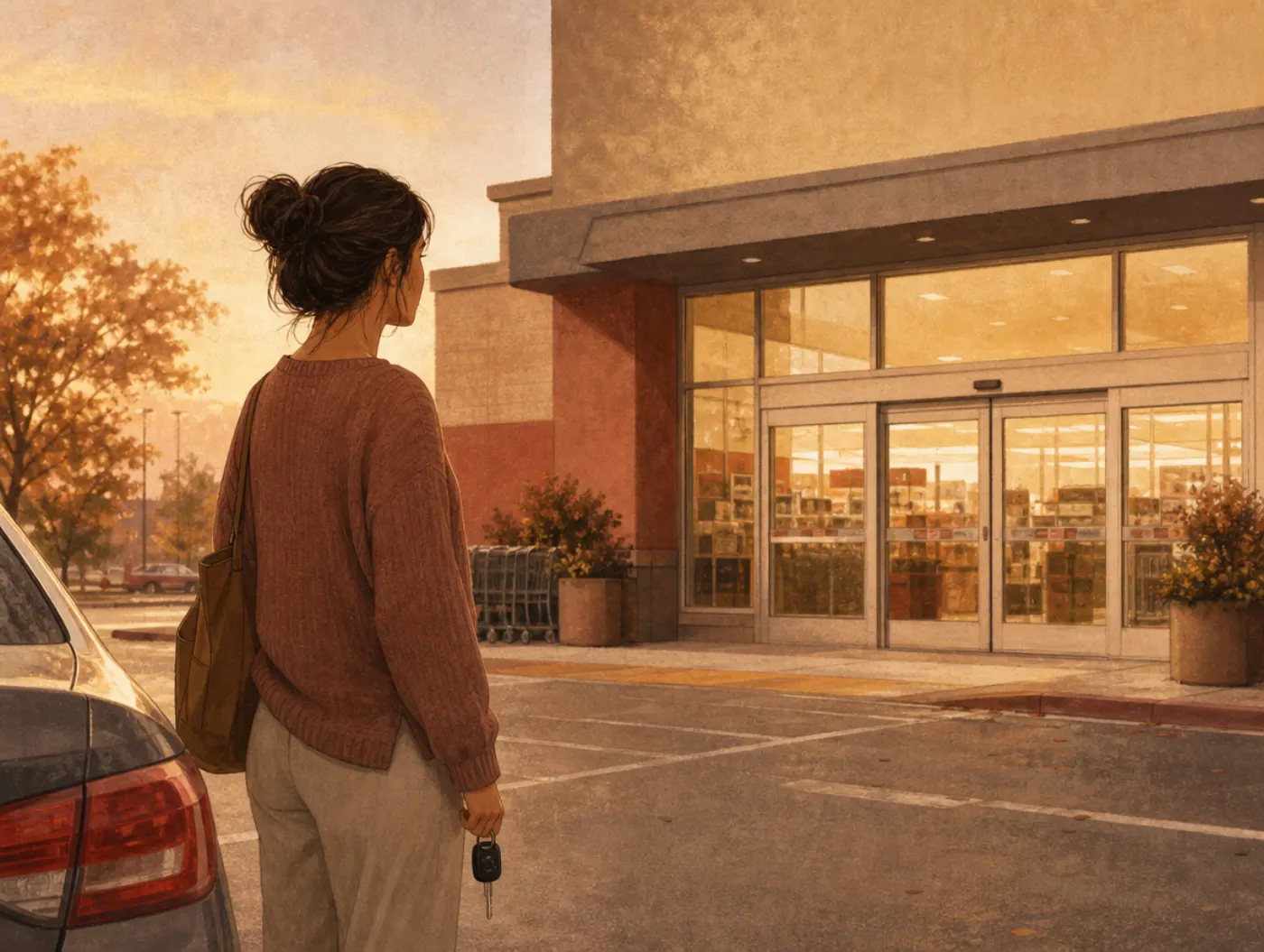 Agoraphobia Test: a woman gripping her car keys, frozen at the edge of a supermarket parking lot, unable to approach the