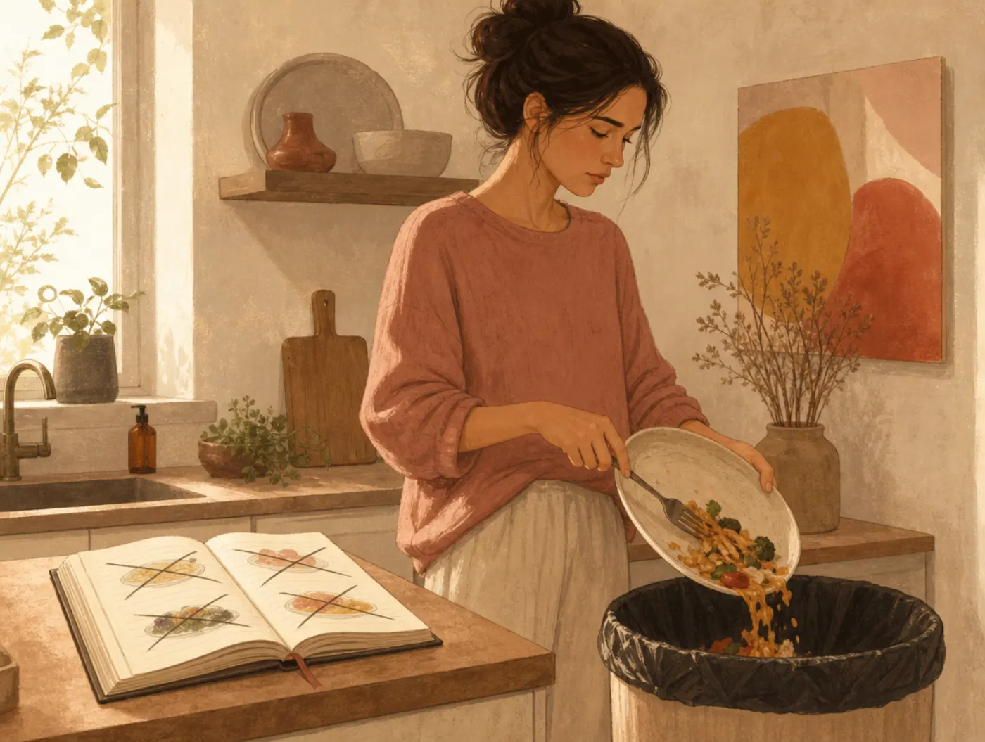 Anorexia Nervosa Test: a woman scrapes an untouched plate into the trash beside a food journal with crossed-out entries