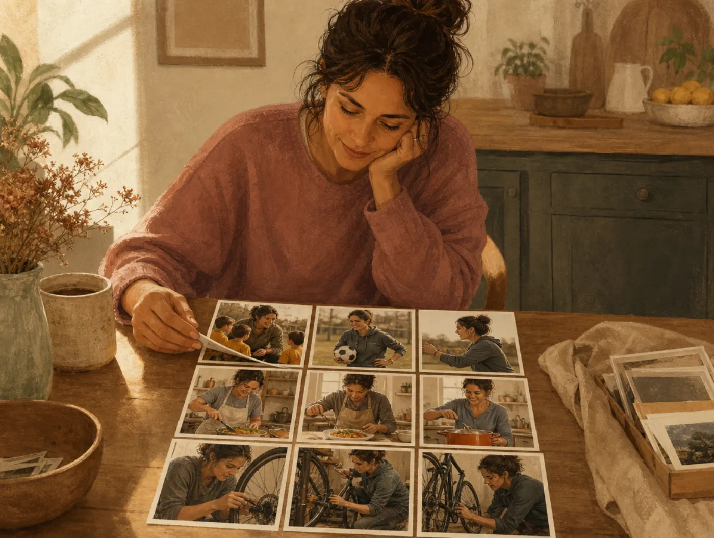 Archetype Test: person sorting old photos into a grid, each showing a different everyday role they've played