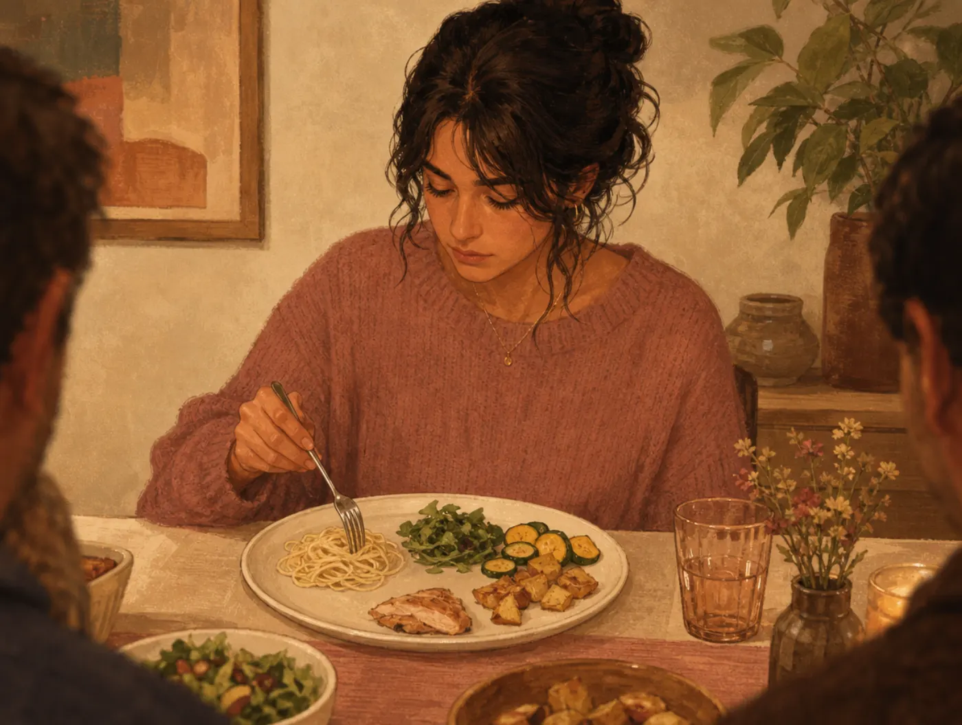 ARFID Test: person at a dinner table eating only plain pasta, other foods on the plate left untouched and separated