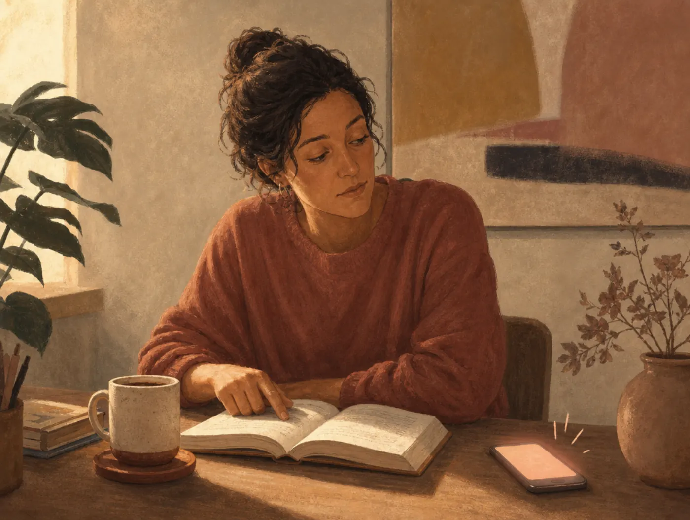 Attention Span Test: an adult reading, finger on the page, eyes drifting to a buzzing phone beside coffee