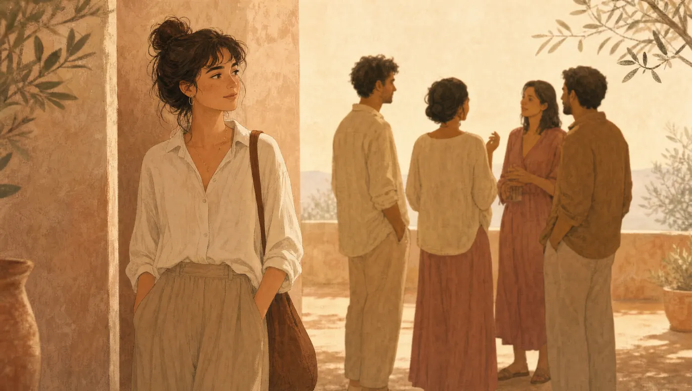 Avoidant Personality Disorder Test: Person standing apart, observing group with calm, thoughtful expression