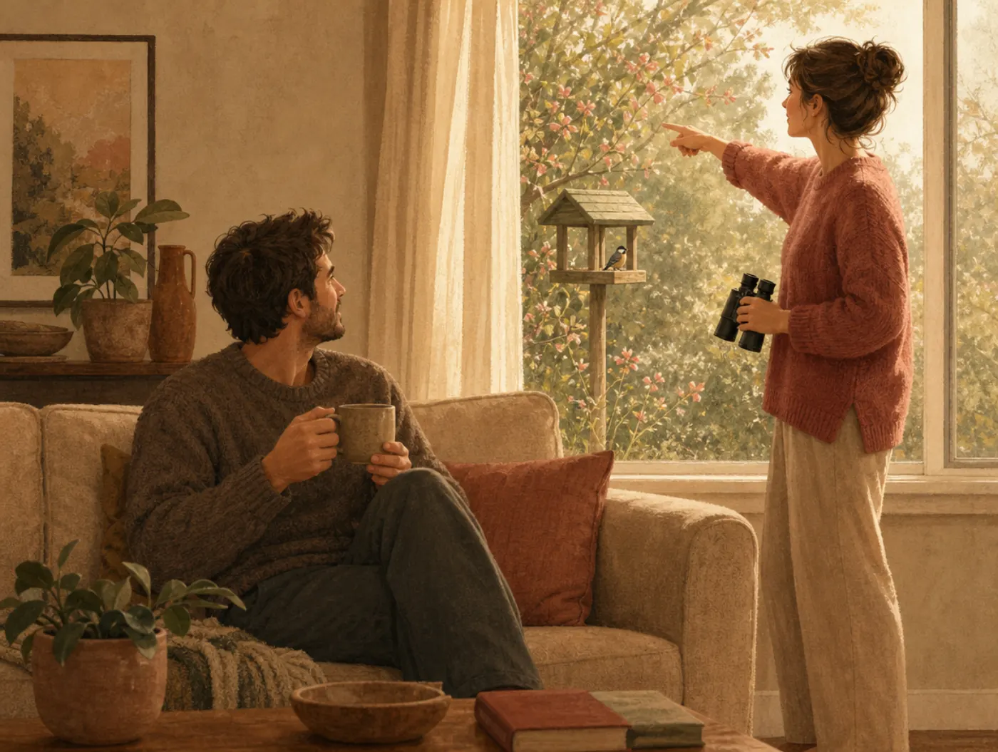 Bird Test: Do You Turn Toward Your Partner's Bids?: a woman points out a window at a bird as her partner looks up