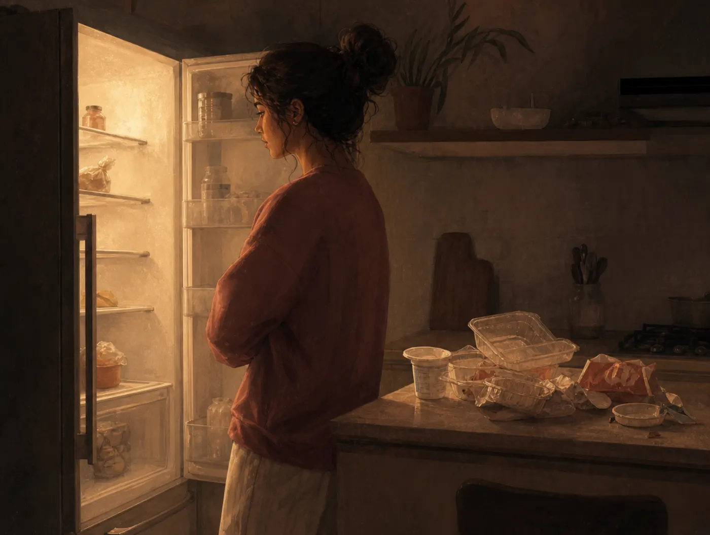 Binge Eating Disorder Test: alone at an open fridge at night, empty containers scattered on the counter