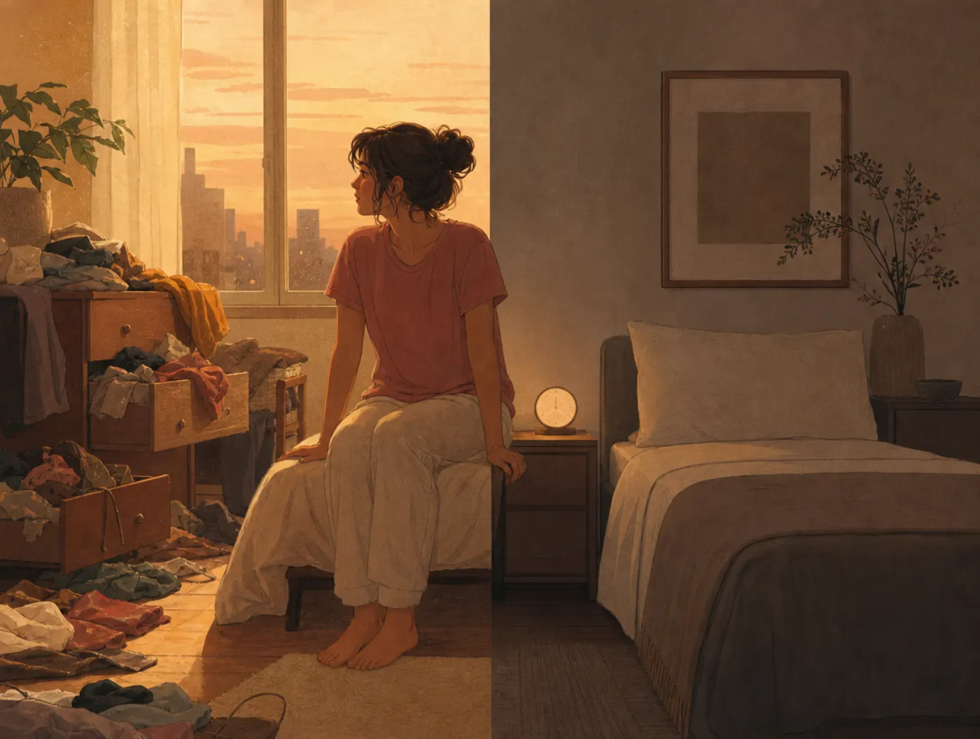 BPD or Bipolar? Test: Which Pattern Fits Better: person on a bed edge between a messy bright side and a tidy still side