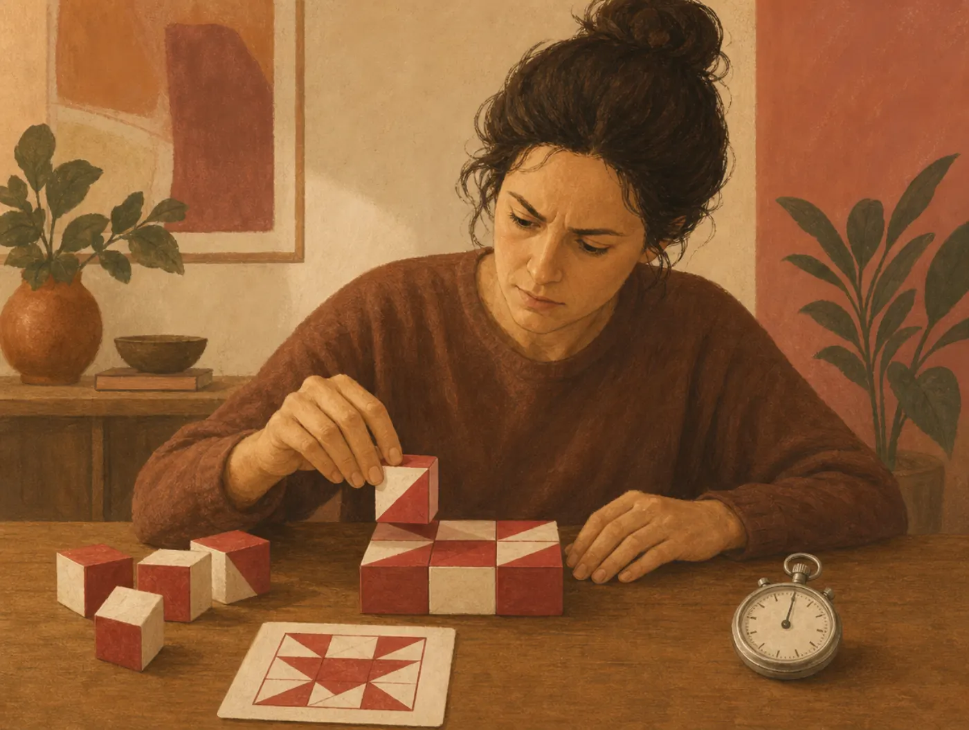 Cognitive and perception tests: adult matching patterned wooden blocks to a picture card beside a stopwatch