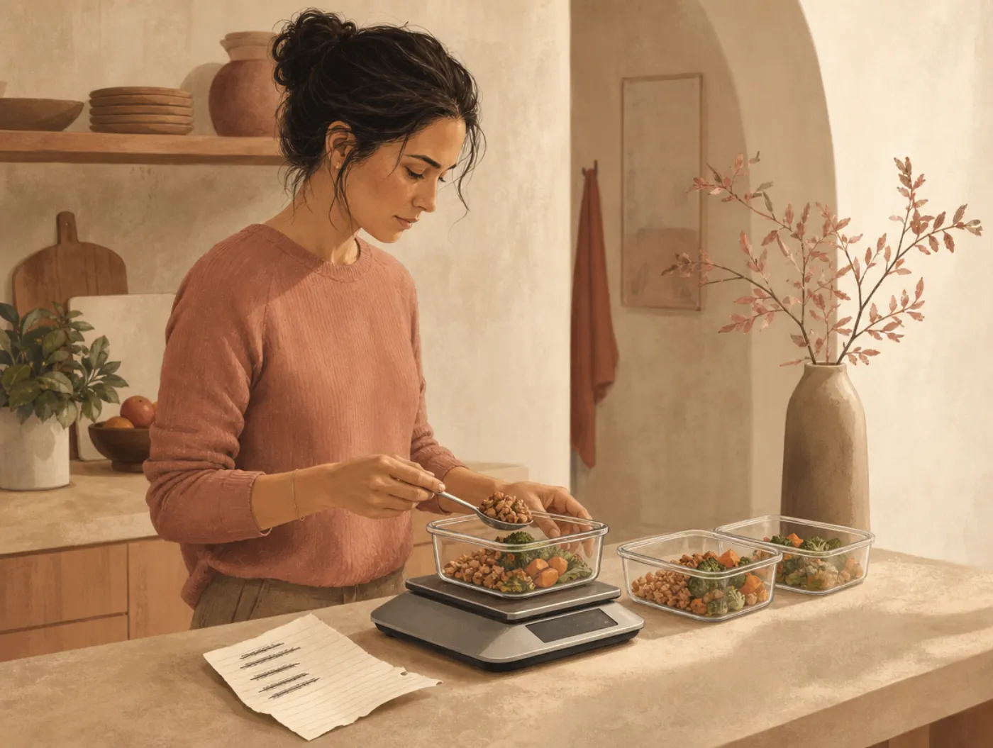 Eating and body image tests: an adult weighing a portioned meal on a kitchen food scale beside a list of crossed-out foo