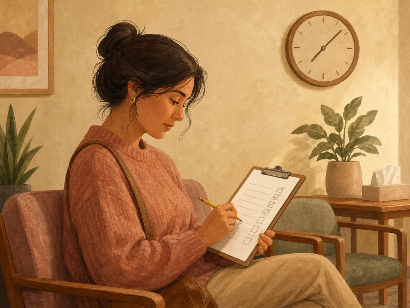 Mental health and mood tests: person in a waiting room ticking boxes on a printed symptom checklist