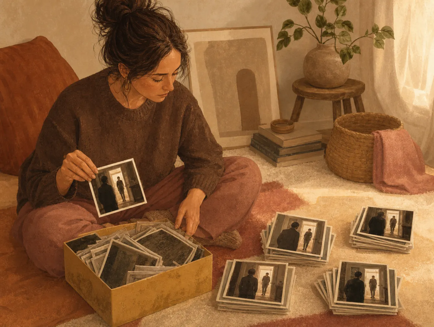 Personality disorder and trait tests: sorting old photos into piles, each showing the same tense goodbye