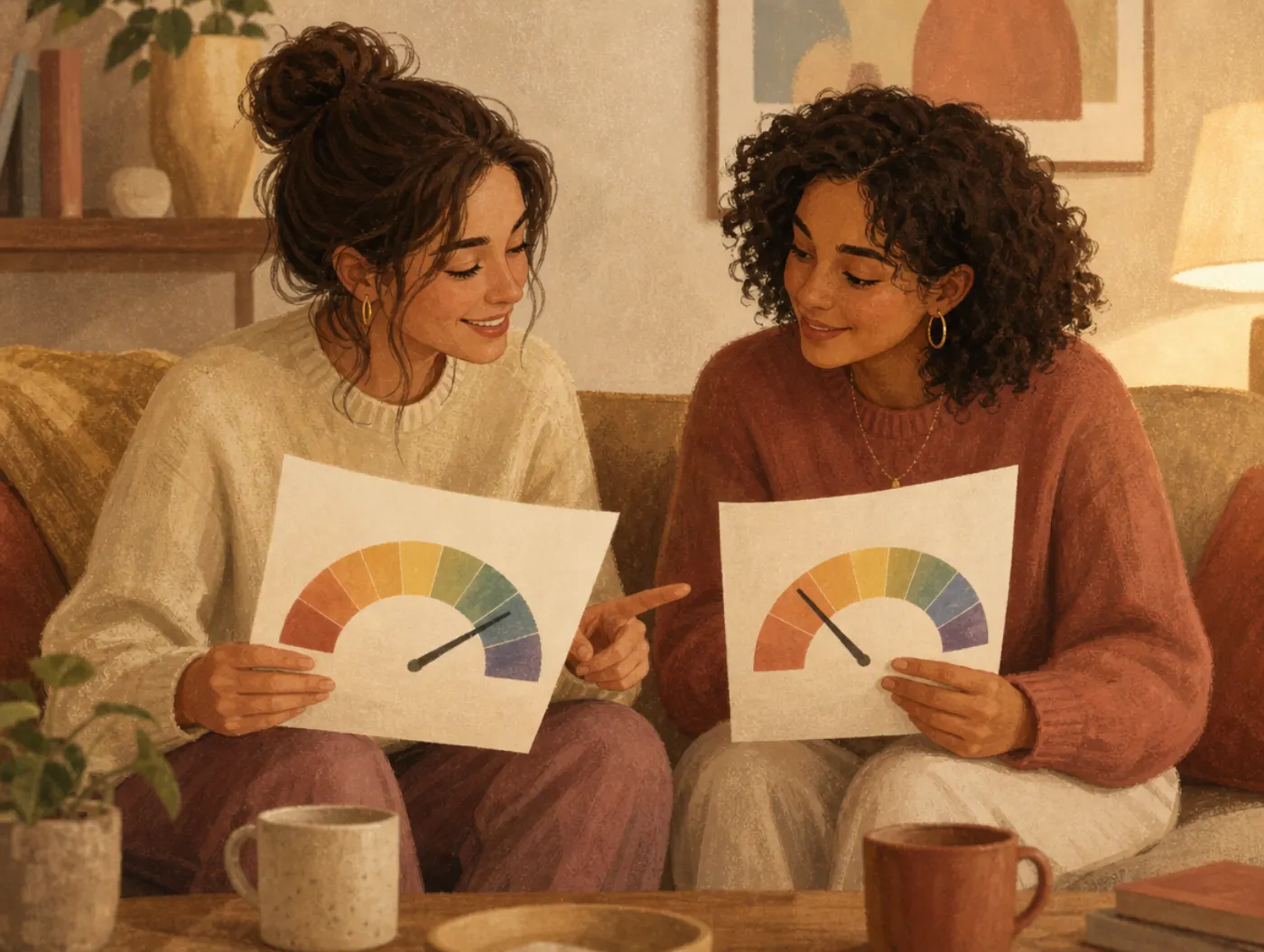 Personality tests: two friends on a couch comparing printed results with colored spectrum dials