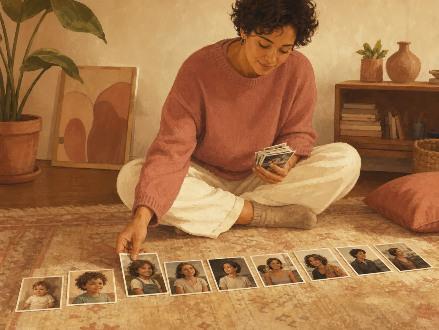Self and identity tests: an adult arranging photos of themselves at different ages into a timeline on the floor