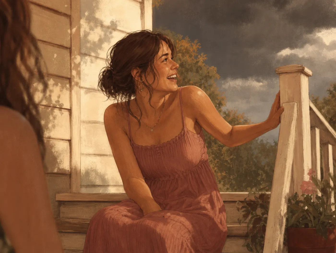Cherophobia Test: a woman laughing on a sunny porch, gripping the railing and glancing warily at a darkening sky