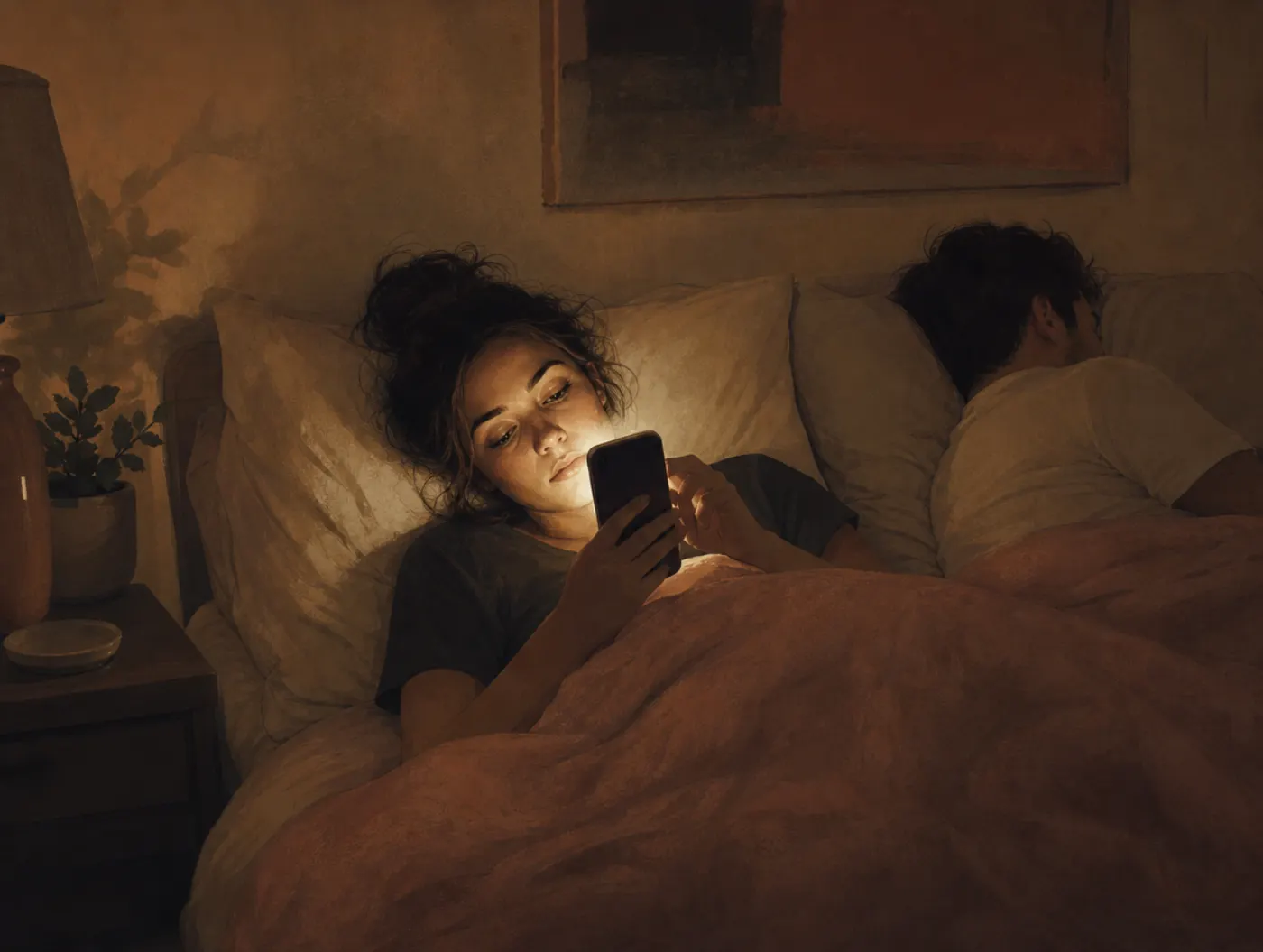 Chronically Online Test: a person scrolling in bed at night while their partner sleeps turned away