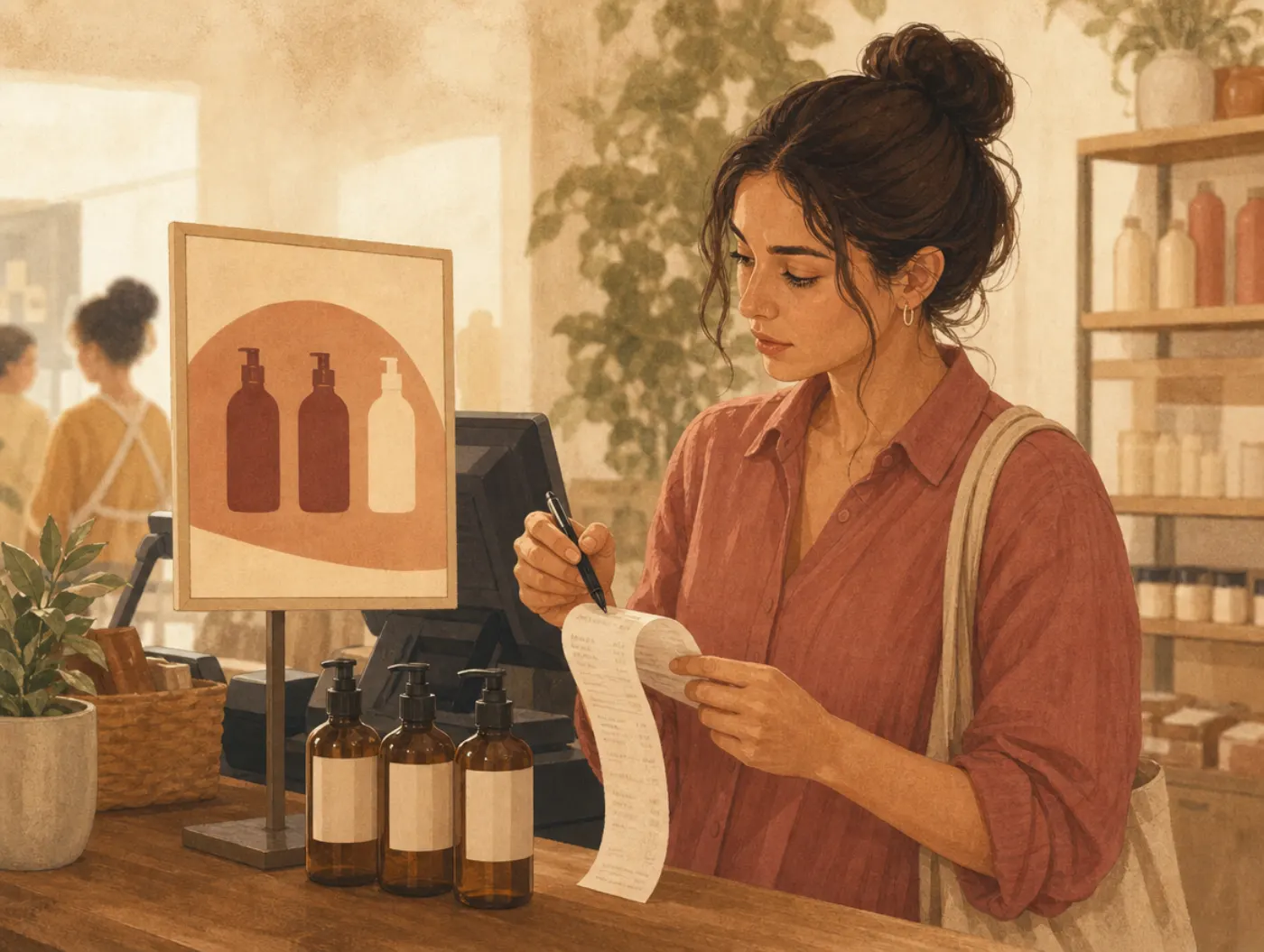 Cognitive Reflection Test: Intuitive or Analytical?: shopper rechecking a sale sign against her receipt total