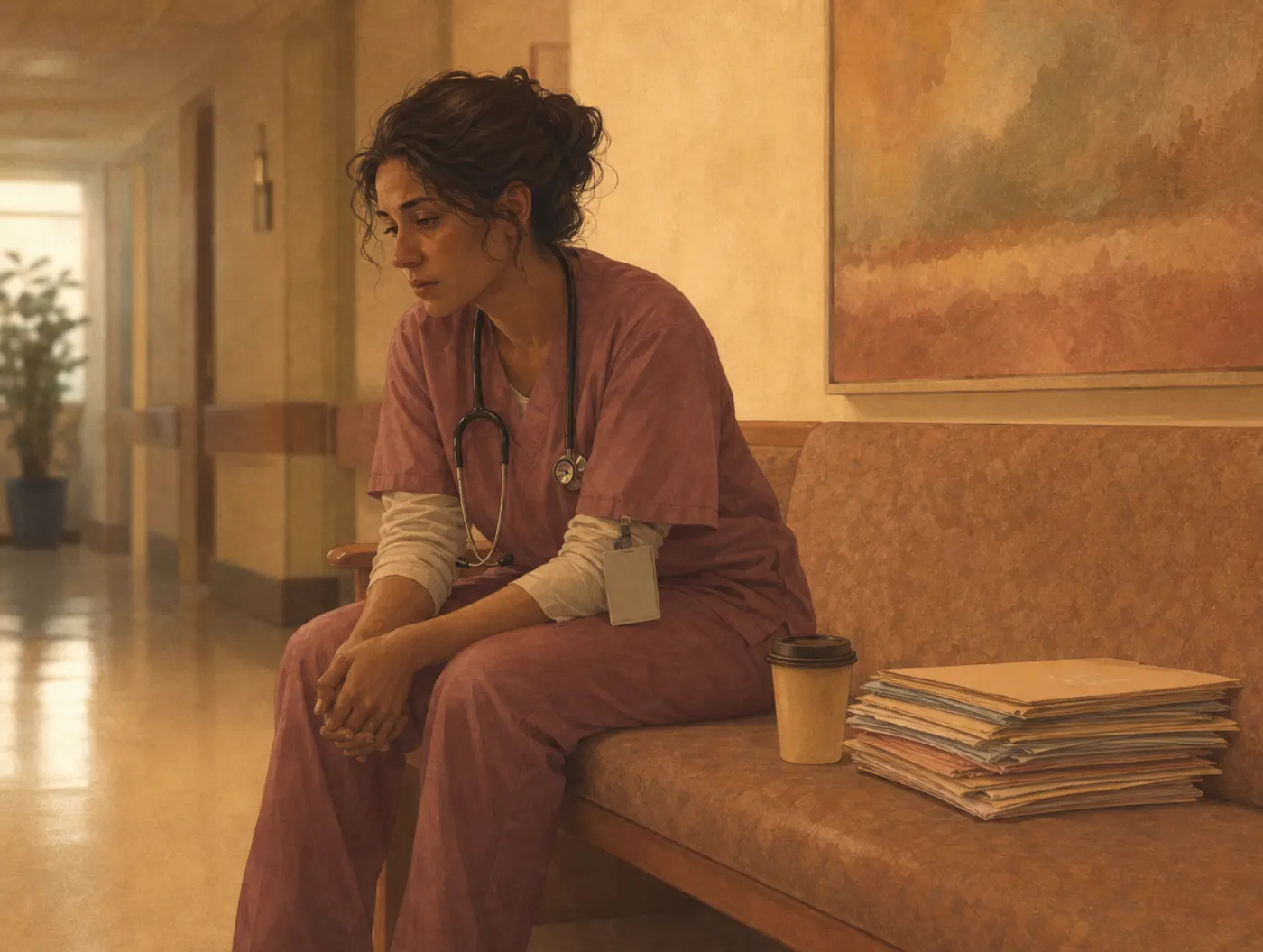 Compassion Fatigue Test: exhausted hospital caregiver slumped on a hallway bench beside patient charts and an untouched