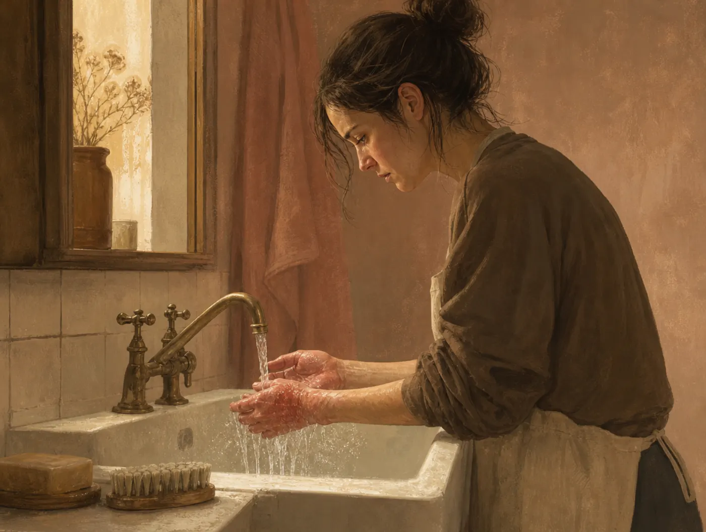 Contamination OCD Test: a tired person at a bathroom sink scrubbing red, raw hands with soap and a nail brush