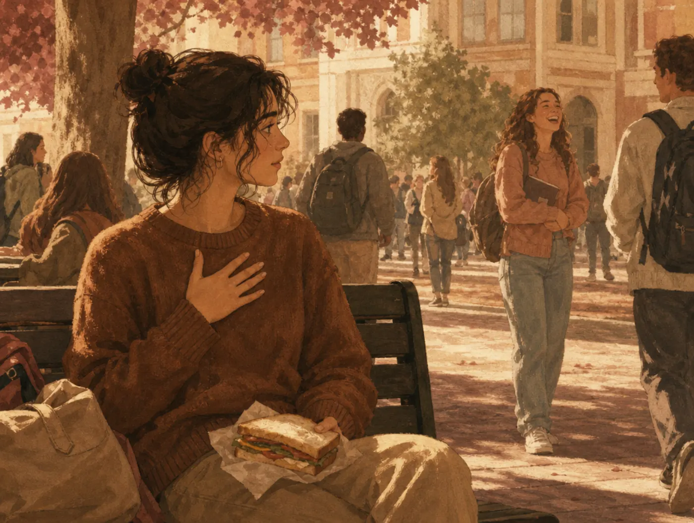 Do I Have a Crush? Quiz: young adult on a campus bench glancing at someone across the quad, hand on chest