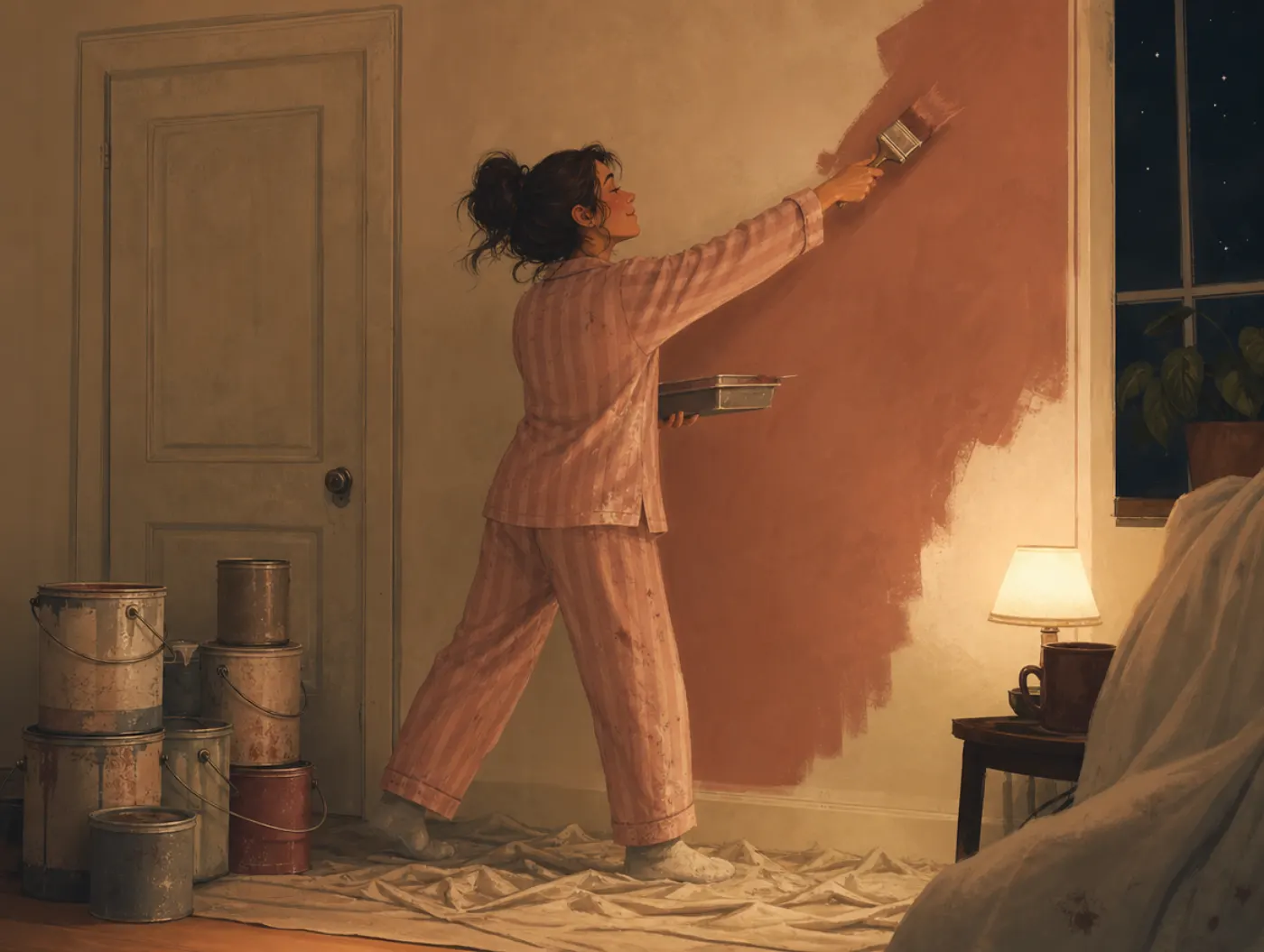 Cyclothymia Test: a person painting a wall late at night next to paint cans left untouched for weeks