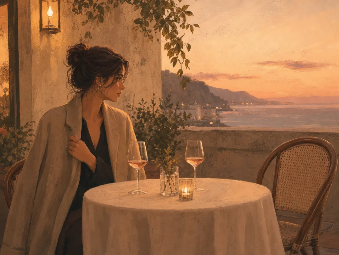 Dating Style Quiz: How Do You Date? A woman at a dusk patio table with two wine glasses, deciding whether to stay
