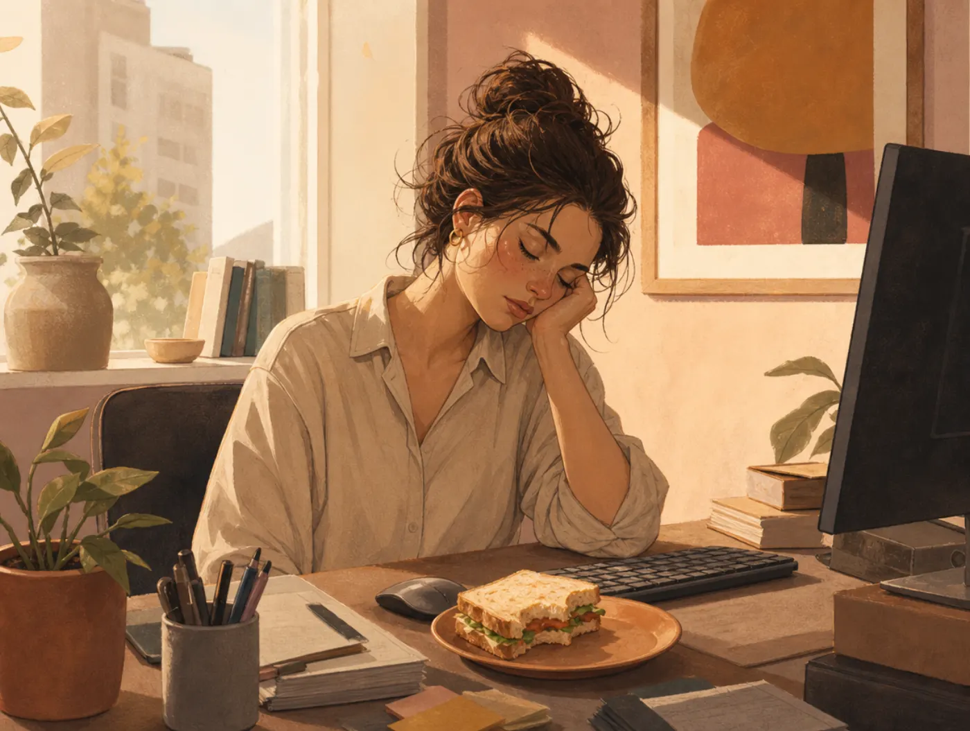 Daytime Sleepiness Test: an office worker nodding off at their desk in afternoon sunlight, lunch untouched beside the ke