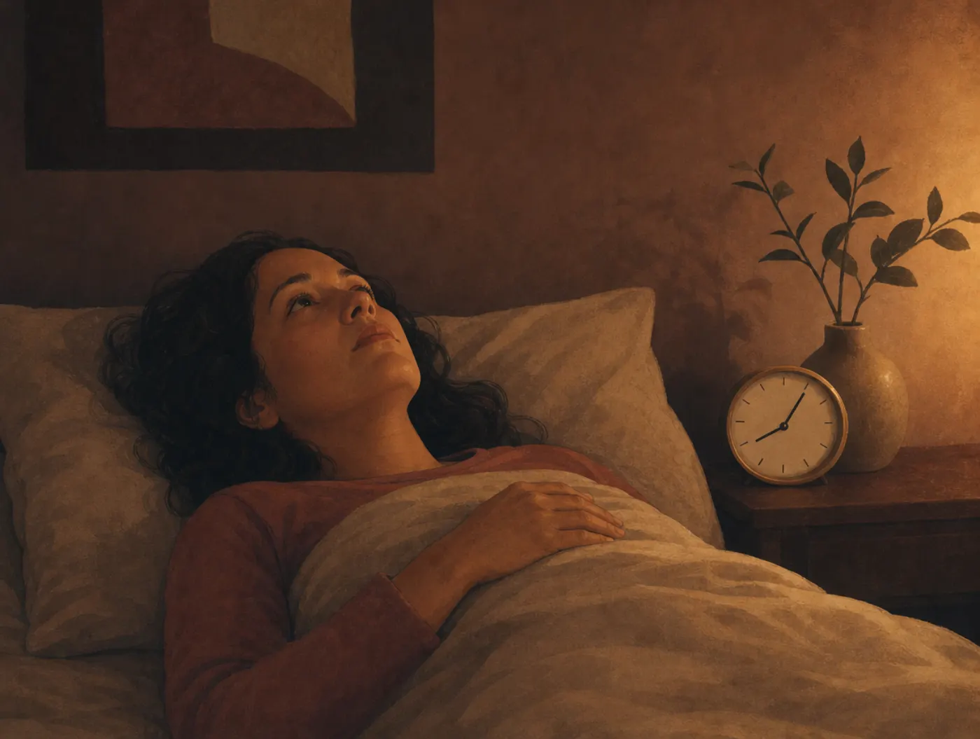 Death Anxiety Test: an adult lies awake in a dark bedroom, hand on chest, eyes open, a clock glowing nearby