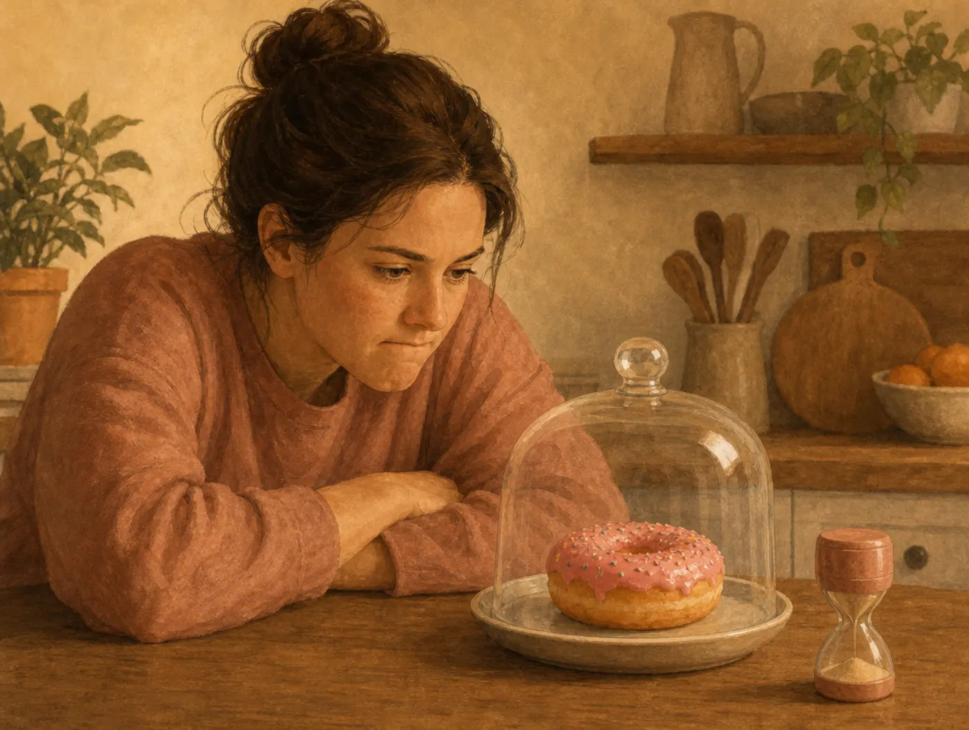 Delayed Gratification Test: The Marshmallow Test for Adults: an adult resists a donut under a glass dome, egg timer nearby.