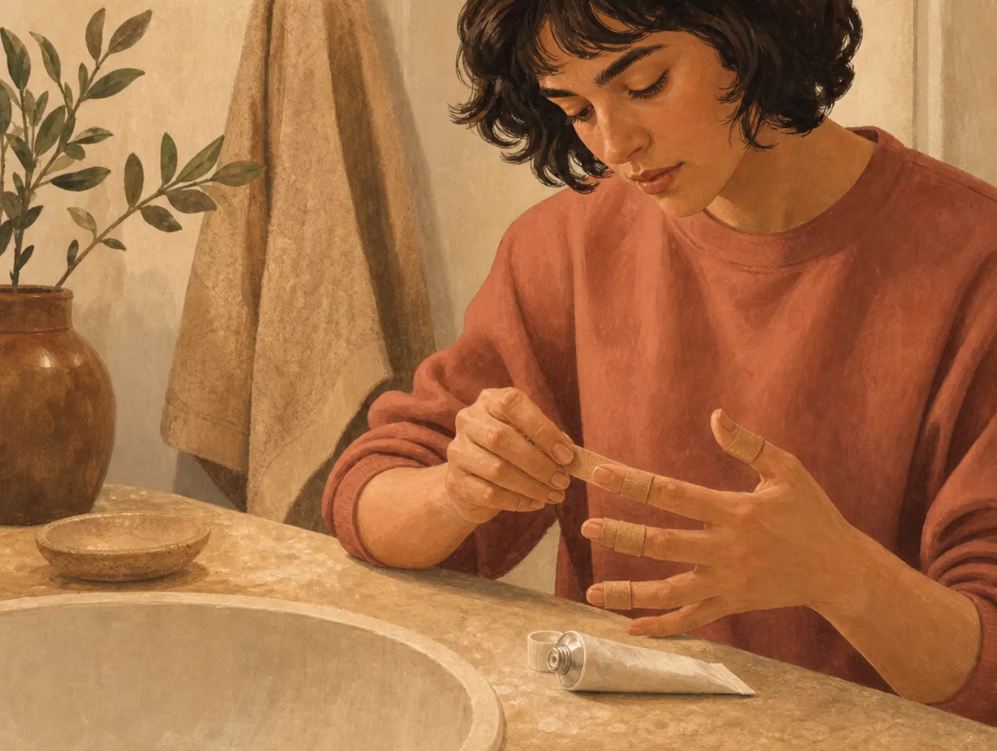 Dermatillomania Test: a person at a bathroom sink bandaging fingertips, several fingers already wrapped, antiseptic oint