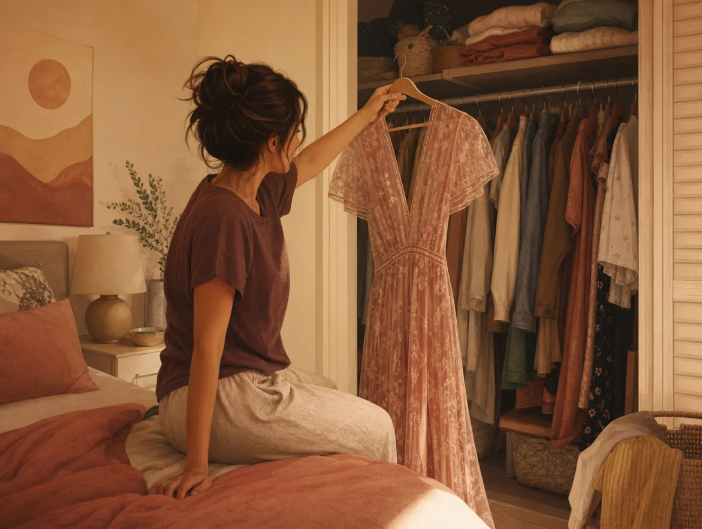 Dissociative Identity Disorder Test: a woman holds a dress in a style she doesn't recognize as hers