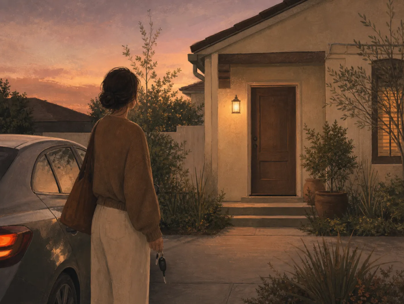 Dissociation Test: person standing by their car in the driveway, keys in hand, staring blankly at the front doo