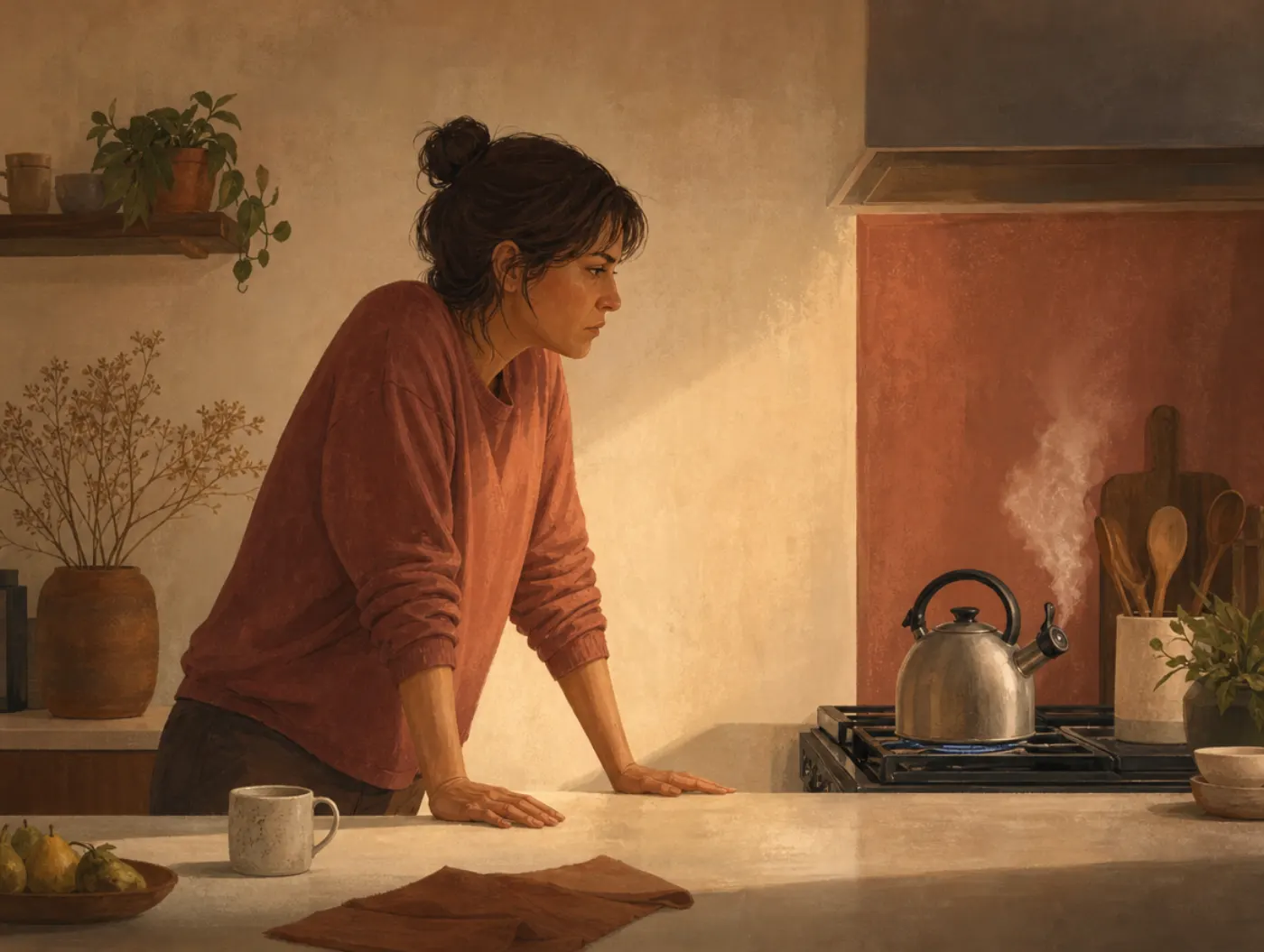 Distress Tolerance Test: an adult at a kitchen counter, palms flat, jaw tight, waiting out a feeling beside a kettle