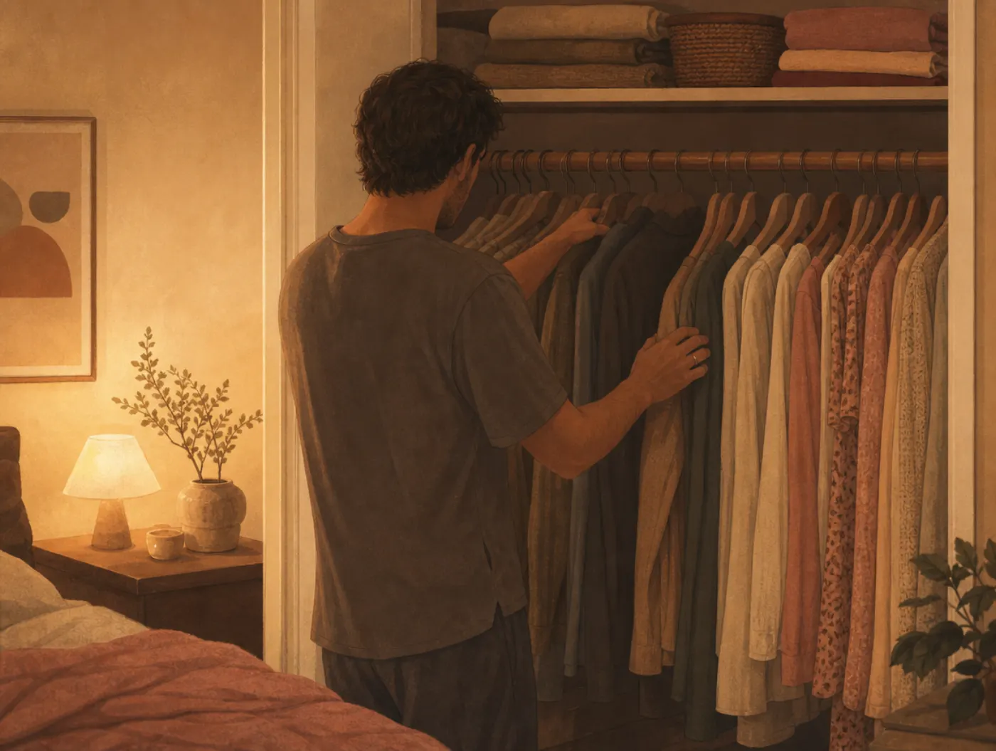 Divorce Test: Should I Stay or Go?: person dividing clothes in a shared closet at night, ring still on