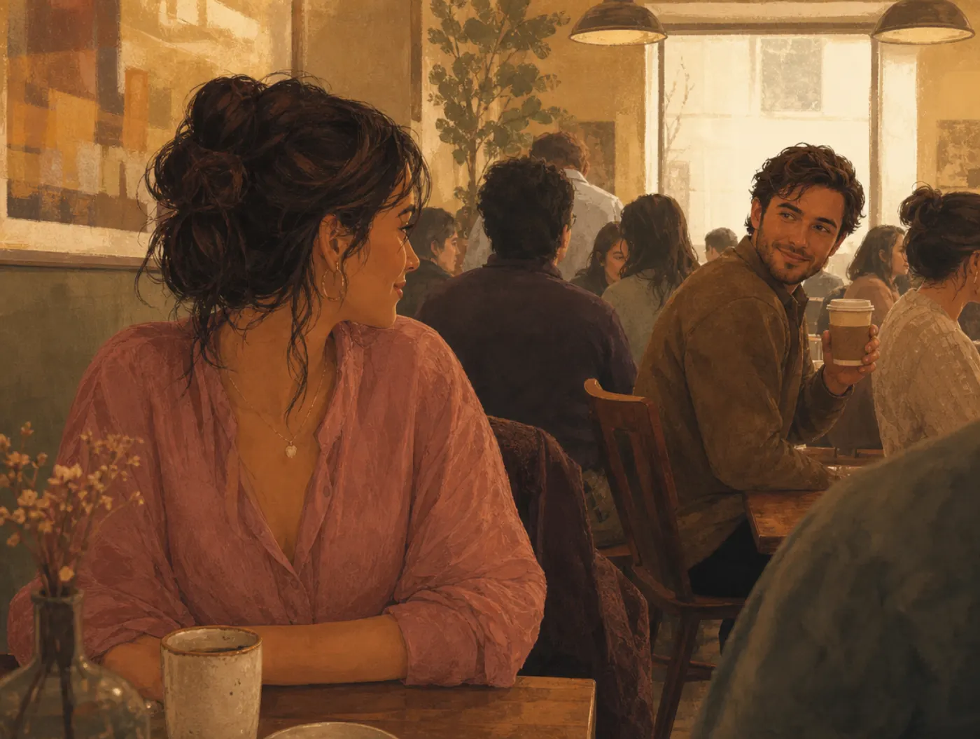 Does He Like Me? Quiz: a young woman glances across a café at a man who turned his chair toward her, smiling