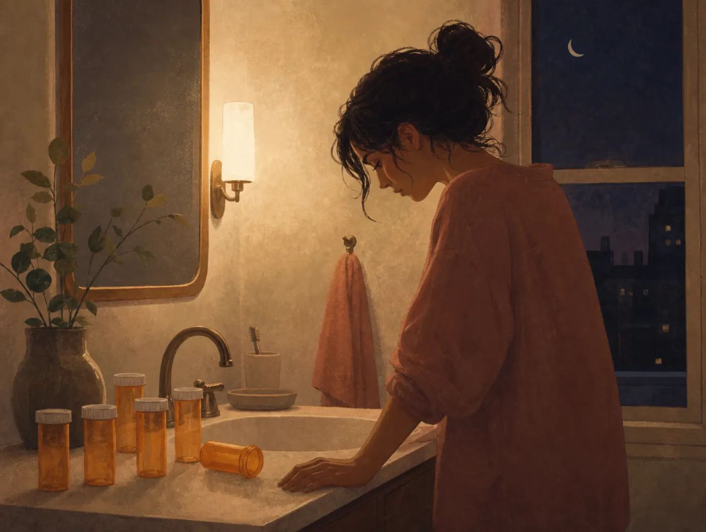 Drug Addiction Test: person at a bathroom sink at night beside a row of empty prescription pill bottles