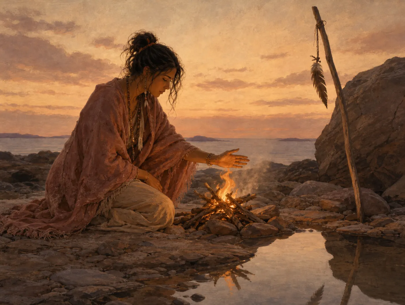 Element Personality Test: Fire, Water, Earth or Air: a woman kneels at a small beach fire at dusk, shielding the flame f