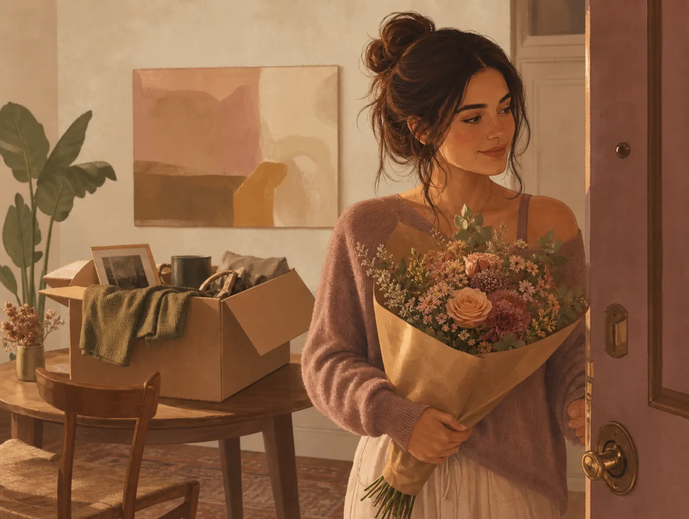 Emophilia Test: Do You Fall in Love Too Fast?: a woman holding flowers next to a boxed-up ex's keepsakes