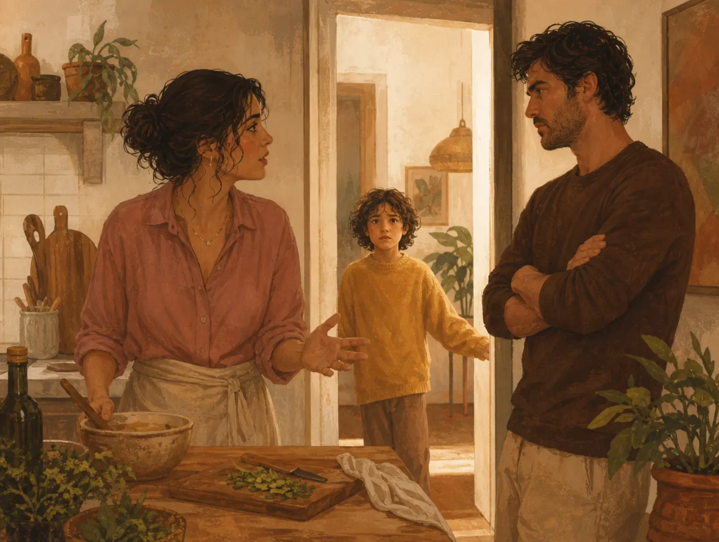 Emotion Recognition Test: a child reading tense, crossed-arm body language between two adults in a kitchen