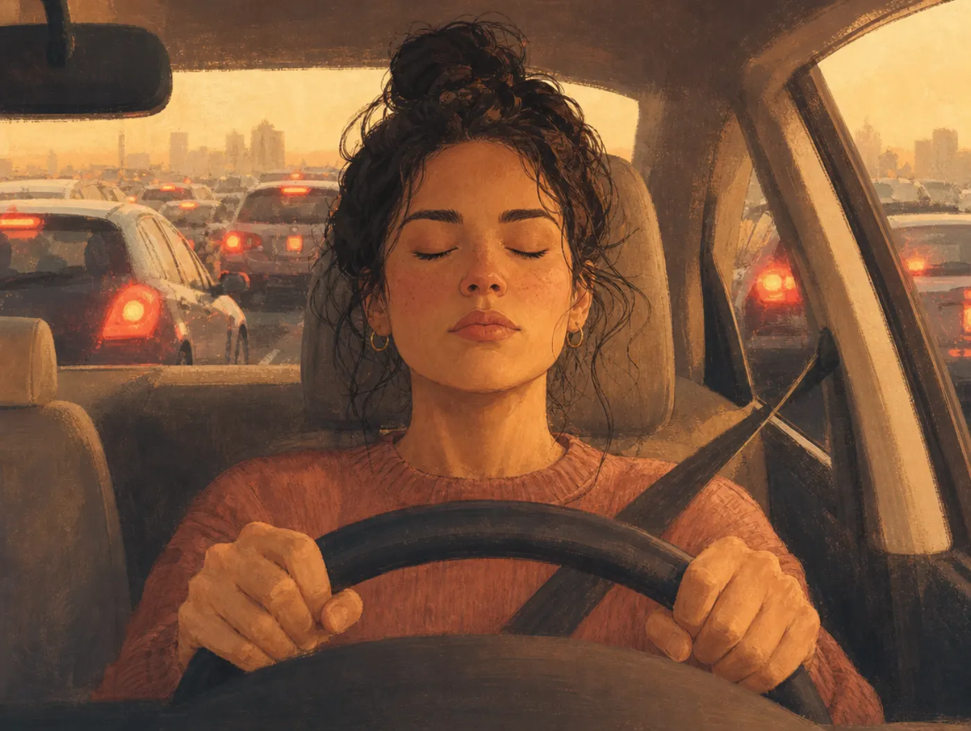 Emotion Regulation Test: Reappraisal vs Suppression: a driver, knuckles white on the wheel, eyes closed