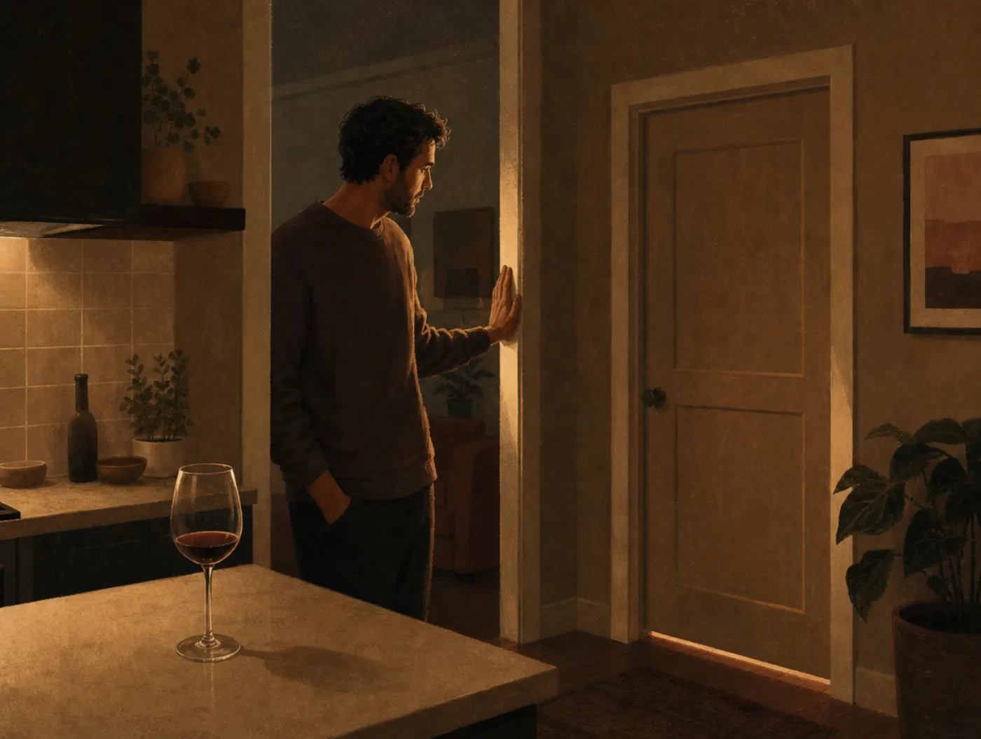 Emotional Cheating Quiz: Is It an Emotional Affair? A person in a dark doorway glances back at a closed door at night